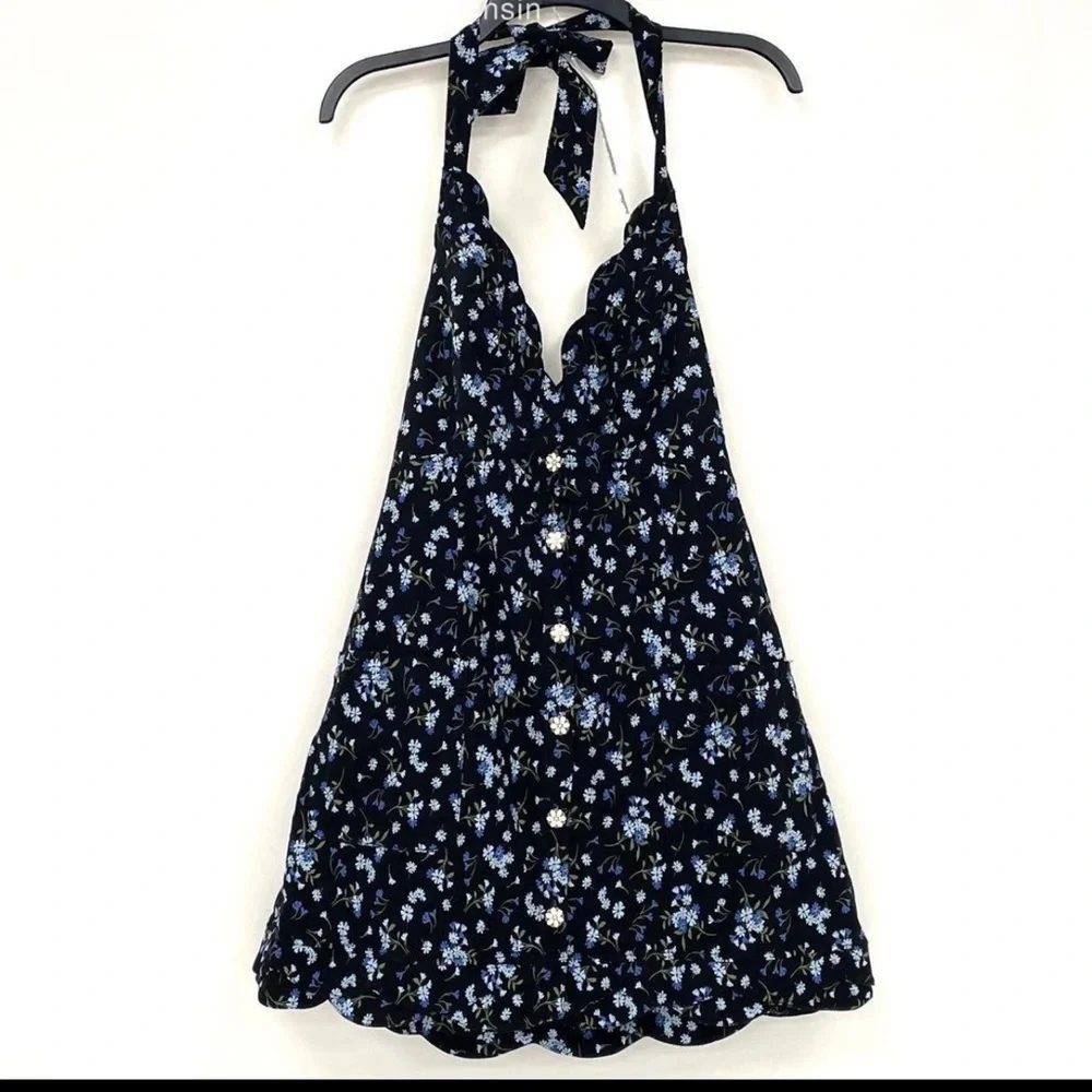 Anthropologie Maeve Black & Blue Floral Halter Dress | Fit & Flare Sz 14 - Picture 3 of 6